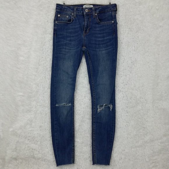 Zara Womens Jeans Skinny Ankle Blue Denim Distressed Low Rise Dark Wash 2 - Picture 1 of 12